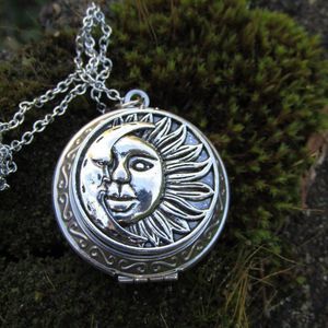 Celestial Locket Necklace Sun Moon Astrology Retro Handmade Stainless Steel